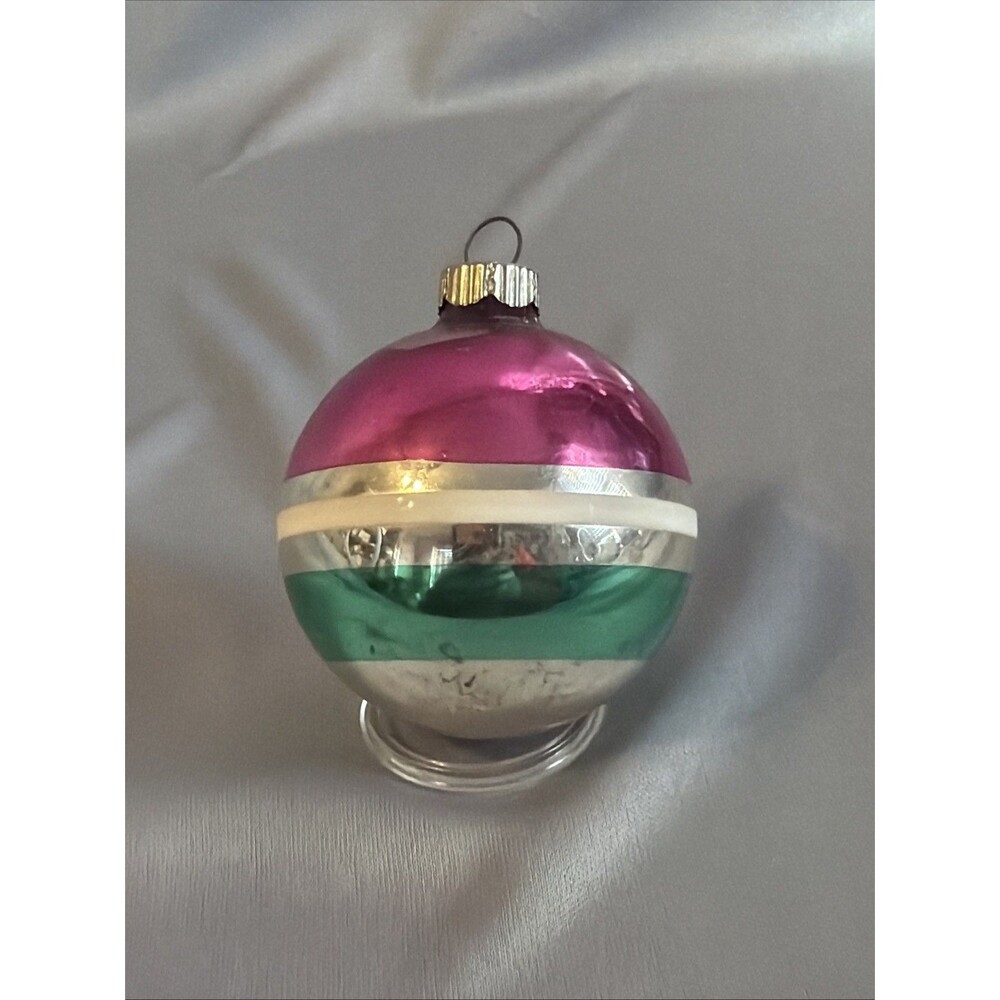 Vintage Shiny Brite Striped Glass Ball Christmas Ornament USA 2” Pink Green